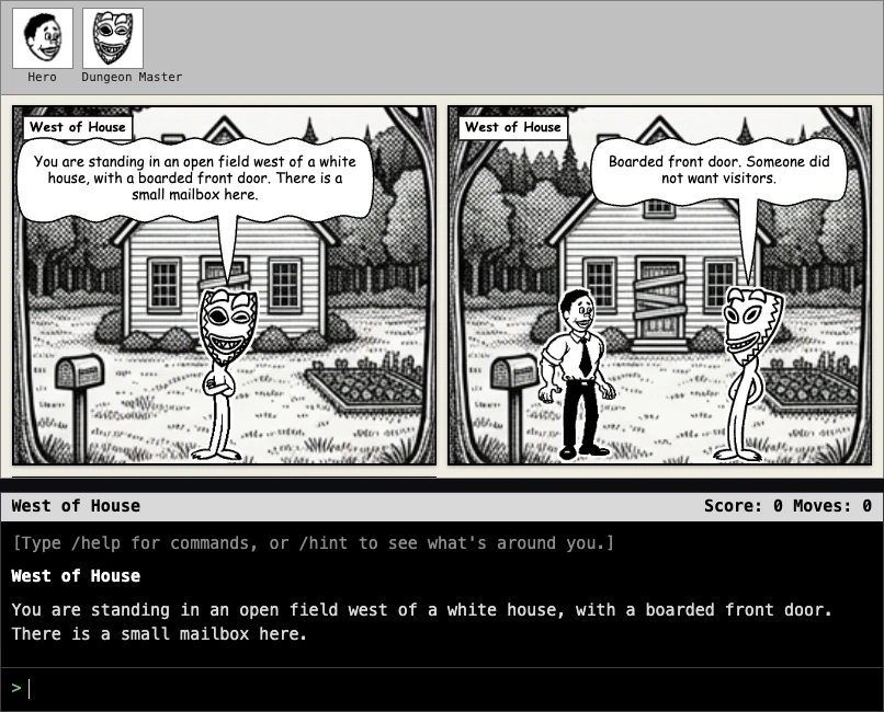 Grues in Comic: Zork 장면을 담은 두 패널짜리 Comic Chat 스타일 스트립이 게임 텍스트 콘솔 위에 놓여 있다.